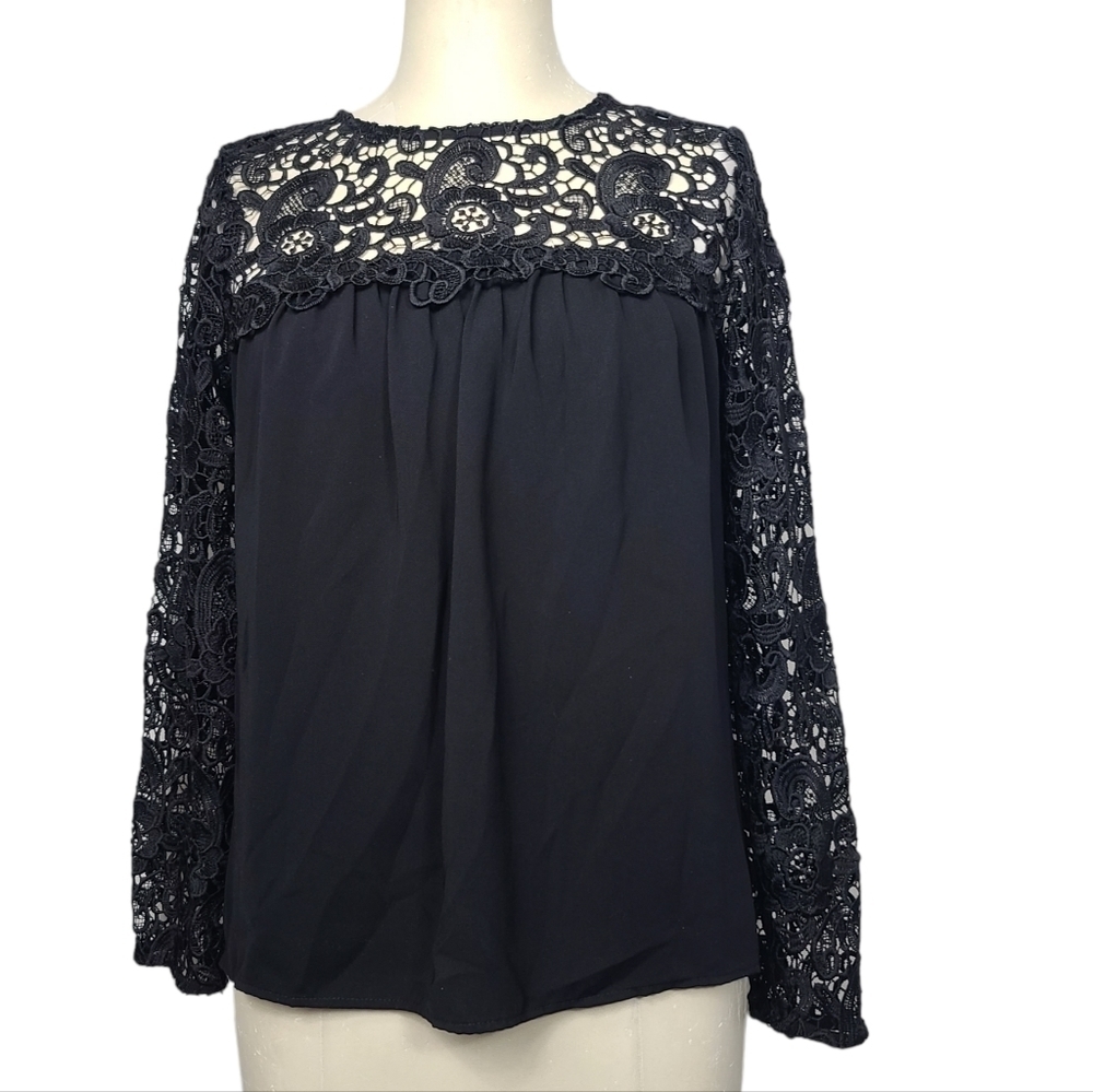 J. Crew Factory Black Floral Lace Embroidered Crewneck Keyhole Long Sleeve Top